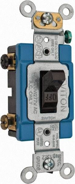 Leviton - 2 Pole, 120 to 277 VAC, 15 Amp, Industrial Grade, Toggle, Wall and Dimmer Light Switch - 1.31 Inch Wide x 4.06 Inch High - Exact Industrial Supply