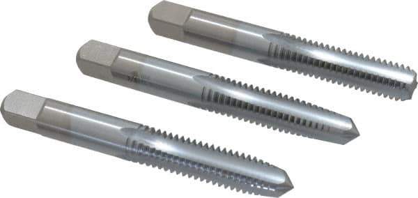 Made in USA - 3/8-16 UNC, 4 Flute, Bottoming, Plug & Taper, Chrome Finish, High Speed Steel Tap Set - Right Hand Cut, 2-15/16" OAL, 1-1/4" Thread Length, 2B/3B Class of Fit - Exact Industrial Supply