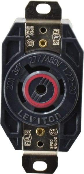 Leviton - 277/480 VAC, 20 Amp, L22-20R NEMA, Self Grounding Receptacle - 4 Poles, 5 Wire, Female End, Black - Exact Industrial Supply