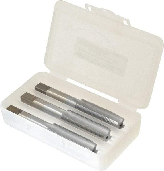 Made in USA - 5/8-18 UNF, 4 Flute, Bottoming, Plug & Taper, Chrome Finish, High Speed Steel Tap Set - Right Hand Cut, 3-13/16" OAL, 1-13/16" Thread Length, 2B/3B Class of Fit - Exact Industrial Supply