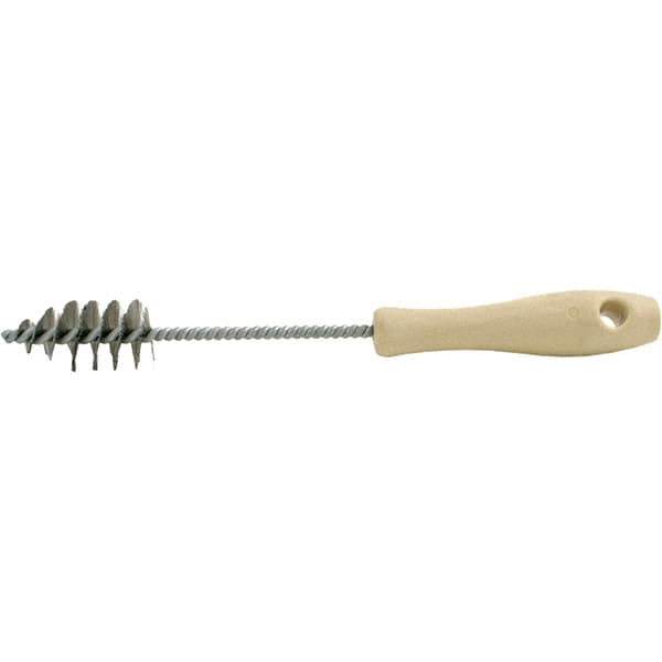 Brush Research Mfg. - 1.15" Diam Helical Stainless Steel Tube Brush - Single Spiral, 0.006" Filament Diam, 2-1/8" Brush Length, 10-1/2" OAL, 0.245" Diam Plastic Handle Shank - Exact Industrial Supply