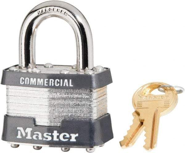 Master Lock - 15/16" Shackle Clearance, Keyed Alike Laminated Steel Padlock - 5/16" Shackle Diam, Steel - Exact Industrial Supply