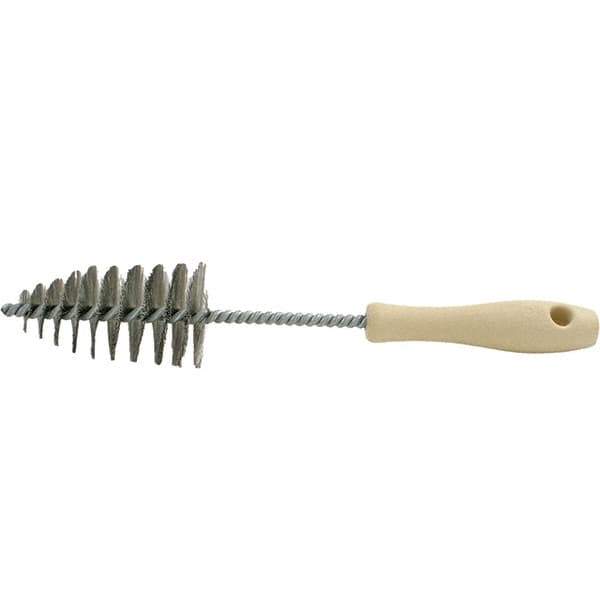 Brush Research Mfg. - 2.05" Diam Helical Stainless Steel Tube Brush - Single Spiral, 0.006" Filament Diam, 3-5/8" Brush Length, 12" OAL, 0.292" Diam Plastic Handle Shank - Exact Industrial Supply