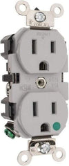 Leviton - 125 VAC/VDC, 15 Amp, 5-15R NEMA Configuration, Gray, Hospital Grade, Self Grounding Duplex Receptacle - 1 Phase, 2 Poles, 3 Wire, Flush Mount, Impact Resistant - Exact Industrial Supply