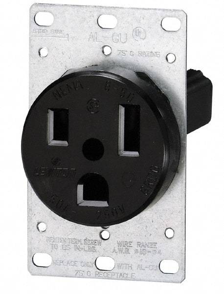 Leviton - 250 VAC, 60 Amp, 15-60R NEMA Configuration, Black, Industrial Grade, Self Grounding Single Receptacle - 1 Phase, 3 Poles, 4 Wire, Flush Mount, Tamper Resistant - Exact Industrial Supply