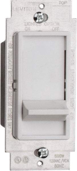 Leviton - 1 Pole, 120 VAC, 60 Hz, 600 Watt, Residential Grade, Slide Switch, Wall and Dimmer Light Switch - 1.73 Inch Wide x 4.13 Inch High, Incandescent - Exact Industrial Supply