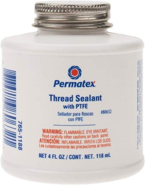 Permatex - 4 oz Brush Top Can White Thread Sealant - PTFE Based, 300°F Max Working Temp, For Use with Fittings - Exact Industrial Supply