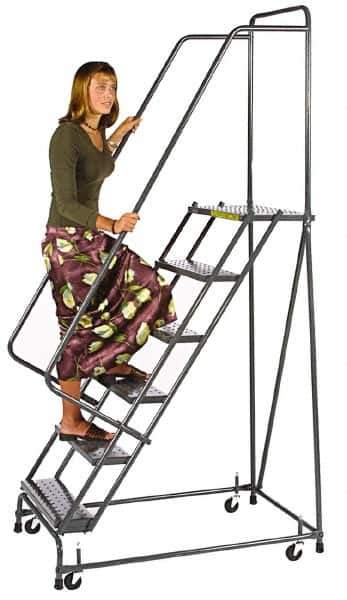 Ballymore - 83" 5 Step Ladder - Spring Loaded Rolling Safety Ladder, 450 Lb Capacity, 47-1/2" Platform Height, 20" Base Width x 42" Depth, Heavy-Duty Serrated Grating - Exact Industrial Supply