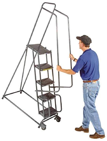 Ballymore - 68" 4 Step Ladder - Tilt & Roll Safety Ladder, 450 Lb Capacity, 38" Platform Height, 30" Base Width x 35" Base Depth, Expanded Metal Tread - Exact Industrial Supply