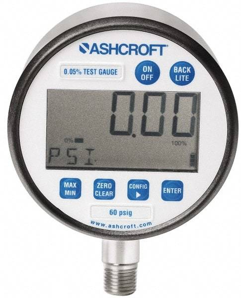 Ashcroft - 3" Dial, 1/4 Thread, 0-60 Scale Range, Pressure Gauge - Lower Connection Mount, Accurate to 0.05% of Scale - Exact Industrial Supply