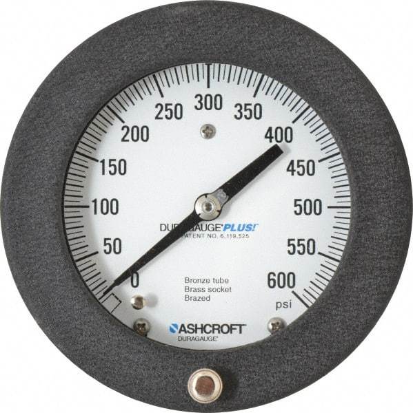 Ashcroft - 4-1/2" Dial, 1/4 Thread, 0-600 Scale Range, Pressure Gauge - Center Back Connection Mount, Accurate to 0.5% of Scale - Exact Industrial Supply