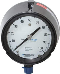 Ashcroft - 4-1/2" Dial, 1/2 Thread, 0-100 Scale Range, Pressure Gauge - Lower Connection, Rear Flange Connection Mount, Accurate to 0.5% of Scale - Exact Industrial Supply