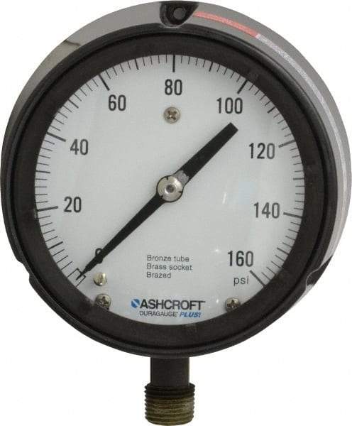 Ashcroft - 4-1/2" Dial, 1/2 Thread, 0-160 Scale Range, Pressure Gauge - Lower Connection, Rear Flange Connection Mount, Accurate to 0.5% of Scale - Exact Industrial Supply