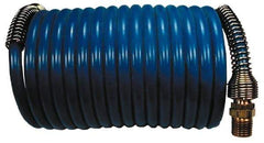 Coilhose Pneumatics - 1/4" ID, 1/4 Thread, 12' Long, Blue Nylon Coiled & Self Storing Hose - 220 Max psi, Male Swivel x Male Swivel - Exact Industrial Supply