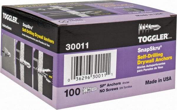 Toggler - #6 to 10 Screw, 5/16" Diam, 1-5/8" Long, 3/8 to 5/8" Thick, Self Drilling Drywall & Hollow Wall Anchor - Thermoplastic Alloy, Use in Drywall - Exact Industrial Supply