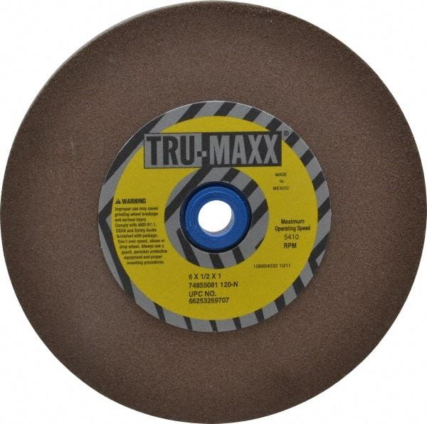 Tru-Maxx - 120 Grit Aluminum Oxide Bench & Pedestal Grinding Wheel - 6" Diam x 1" Hole x 1/2" Thick, 5410 Max RPM, O Hardness, Fine Grade , Vitrified Bond - Exact Industrial Supply