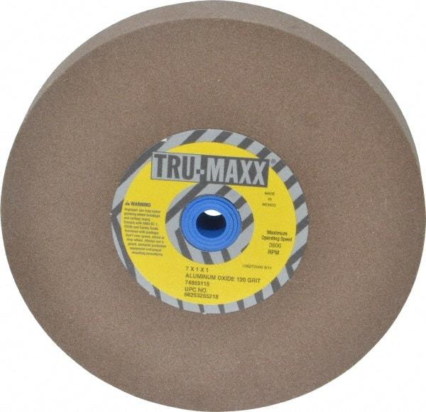 Tru-Maxx - 120 Grit Aluminum Oxide Bench & Pedestal Grinding Wheel - 7" Diam x 1" Hole x 1" Thick, 3600 Max RPM, O Hardness, Fine Grade , Vitrified Bond - Exact Industrial Supply