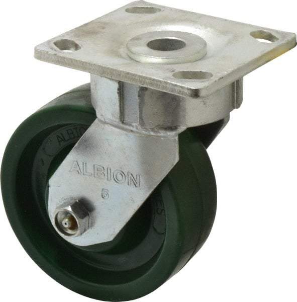 Albion - 5" Diam x 2" Wide x 6-1/2" OAH Top Plate Mount Swivel Caster - Polyurethane, 1,000 Lb Capacity, Roller Bearing, 4 x 4-1/2" Plate - Exact Industrial Supply