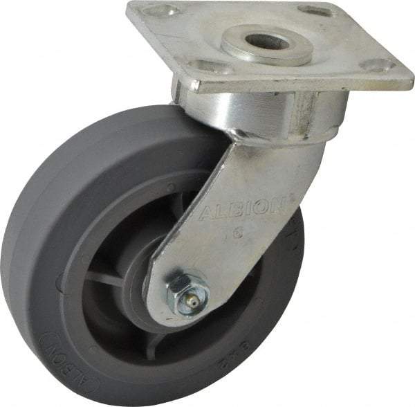Albion - 6" Diam x 2" Wide x 7-1/2" OAH Top Plate Mount Swivel Caster - Soft Rubber, 600 Lb Capacity, Roller Bearing, 4 x 4-1/2" Plate - Exact Industrial Supply