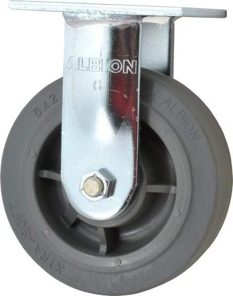 Albion - 6" Diam x 2" Wide x 7-1/2" OAH Top Plate Mount Rigid Caster - Soft Rubber, 600 Lb Capacity, Precision Sealed Bearing, 4 x 4-1/2" Plate - Exact Industrial Supply