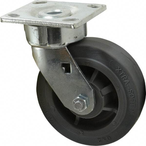 Albion - 6" Diam x 2" Wide x 7-1/2" OAH Top Plate Mount Swivel Caster - Soft Rubber, 600 Lb Capacity, Precision Sealed Bearing, 4 x 4-1/2" Plate - Exact Industrial Supply
