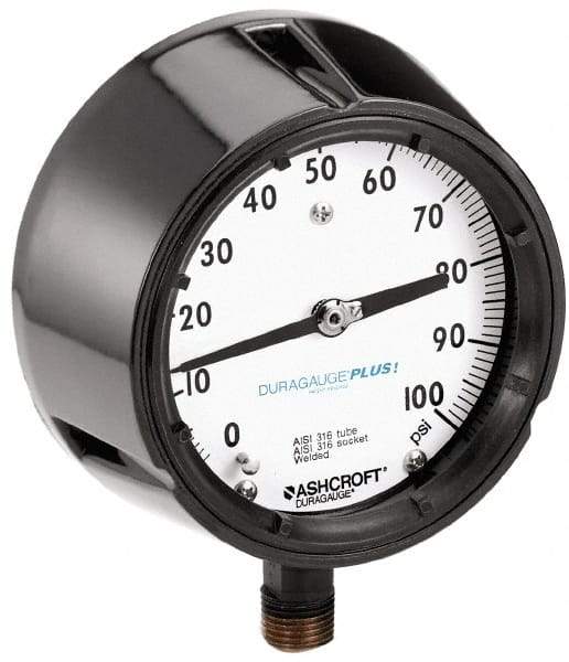 Ashcroft - 4-1/2" Dial, 1/2 Thread, 0-60 Scale Range, Pressure Gauge - Lower Connection, Rear Flange Connection Mount, Accurate to 0.5% of Scale - Exact Industrial Supply
