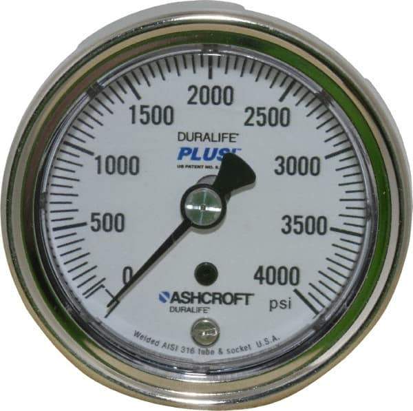 Ashcroft - 2-1/2" Dial, 1/4 Thread, 0-4,000 Scale Range, Pressure Gauge - Center Back Connection Mount, Accurate to 1% of Scale - Exact Industrial Supply