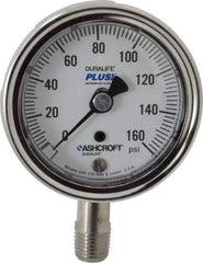 Ashcroft - 2-1/2" Dial, 1/4 Thread, 0-160 Scale Range, Pressure Gauge - Lower Connection Mount, Accurate to 1% of Scale - Exact Industrial Supply