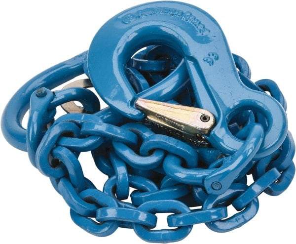 Pewag - 5' Long, 5,200 Lb Basket Capacity, 5,200 Lb Vertical Capacity, 1 Ply, Alloy Steel Web Sling - 4,500 Lb Choker Capacity, SOS Chain Sling, 9/32" Diam Chain, Blue, with Sling Hook & Master Link - Exact Industrial Supply