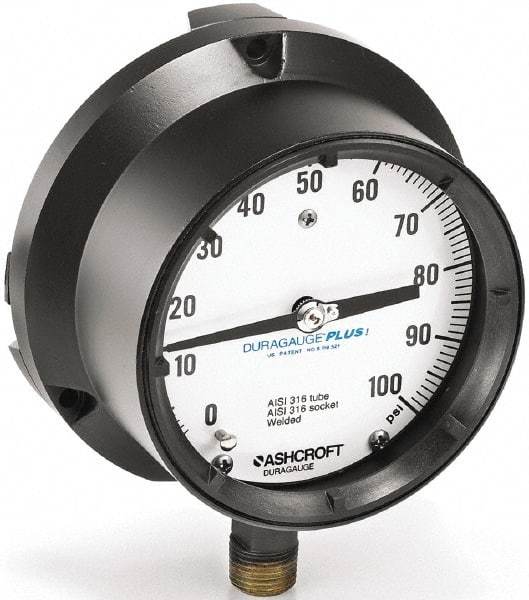 Ashcroft - 4-1/2" Dial, 1/4 Thread, 30-0-60 Scale Range, Pressure Gauge - Lower Connection, Rear Flange Connection Mount, Accurate to 0.5% of Scale - Exact Industrial Supply