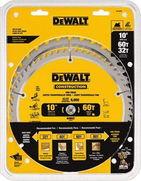 DeWALT - 10" Diam, 5/8" Arbor Hole Diam, 32 & 60 Tooth Wet & Dry Cut Saw Blade - Carbide-Tipped, Fine Finish & General Purpose Action, Standard Round Arbor - Exact Industrial Supply