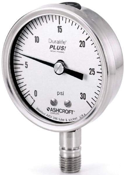 Ashcroft - 2-1/2" Dial, 1/4 Thread, 0-60 Scale Range, Pressure Gauge - Center Back Connection Mount, Accurate to 1% of Scale - Exact Industrial Supply