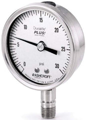 Ashcroft - 2-1/2" Dial, 1/4 Thread, 30-0-15 Scale Range, Pressure Gauge - Lower Connection Mount, Accurate to 1% of Scale - Exact Industrial Supply