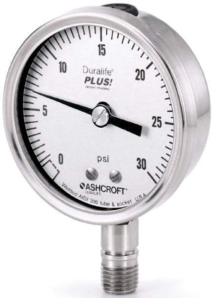 Ashcroft - 2-1/2" Dial, 1/4 Thread, 0-800 Scale Range, Pressure Gauge - Lower Connection Mount, Accurate to 1% of Scale - Exact Industrial Supply