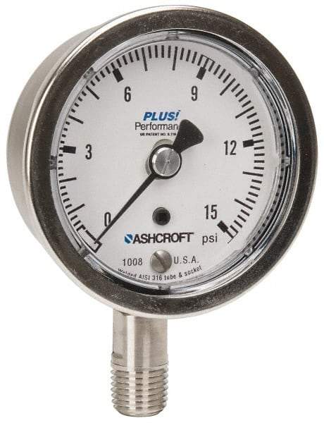 Ashcroft - 2-1/2" Dial, 1/4 Thread, 0-15 Scale Range, Pressure Gauge - Lower Connection Mount, Accurate to 3-2-3% of Scale - Exact Industrial Supply