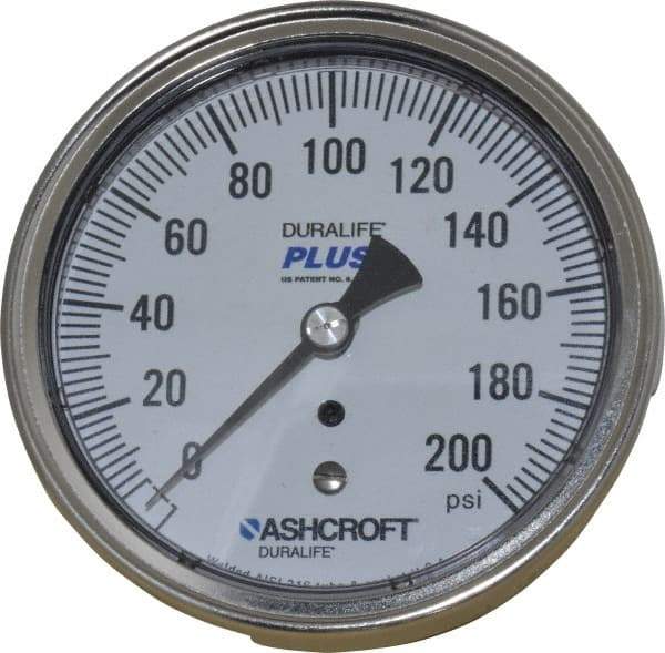 Ashcroft - 3-1/2" Dial, 1/4 Thread, 0-200 Scale Range, Pressure Gauge - Center Back Connection Mount, Accurate to 1% of Scale - Exact Industrial Supply