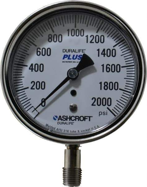 Ashcroft - 3-1/2" Dial, 1/4 Thread, 0-2,000 Scale Range, Pressure Gauge - Lower Connection Mount, Accurate to 1% of Scale - Exact Industrial Supply