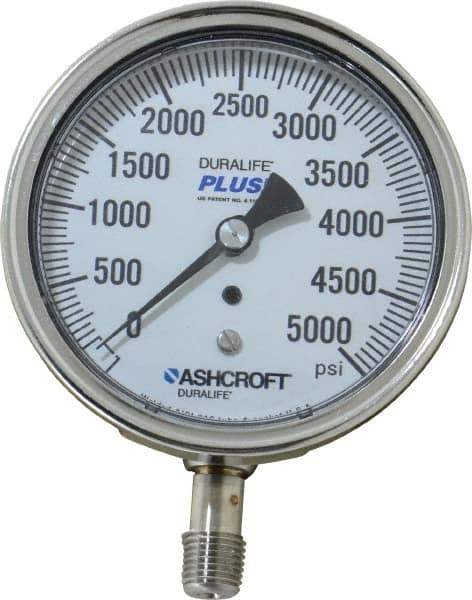 Ashcroft - 3-1/2" Dial, 1/4 Thread, 0-5,000 Scale Range, Pressure Gauge - Lower Connection Mount, Accurate to 1% of Scale - Exact Industrial Supply