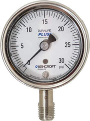 Ashcroft - 2-1/2" Dial, 1/4 Thread, 0-30 Scale Range, Pressure Gauge - Lower Connection Mount, Accurate to 1% of Scale - Exact Industrial Supply