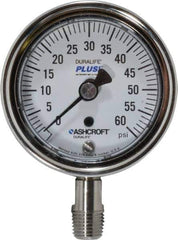 Ashcroft - 2-1/2" Dial, 1/4 Thread, 0-60 Scale Range, Pressure Gauge - Lower Connection Mount, Accurate to 1% of Scale - Exact Industrial Supply