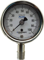 Ashcroft - 2-1/2" Dial, 1/4 Thread, 0-100 Scale Range, Pressure Gauge - Lower Connection Mount, Accurate to 1% of Scale - Exact Industrial Supply