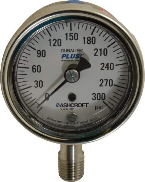 Ashcroft - 2-1/2" Dial, 1/4 Thread, 0-300 Scale Range, Pressure Gauge - Lower Connection Mount, Accurate to 1% of Scale - Exact Industrial Supply