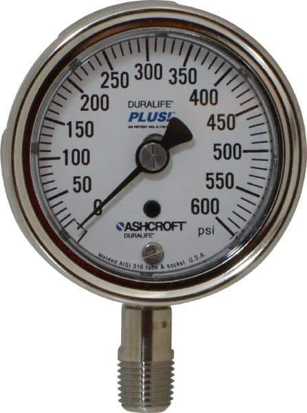 Ashcroft - 2-1/2" Dial, 1/4 Thread, 0-600 Scale Range, Pressure Gauge - Lower Connection Mount, Accurate to 1% of Scale - Exact Industrial Supply