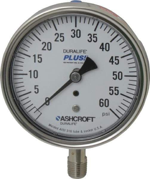 Ashcroft - 3-1/2" Dial, 1/4 Thread, 0-60 Scale Range, Pressure Gauge - Lower Connection Mount, Accurate to 1% of Scale - Exact Industrial Supply