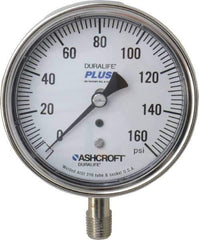 Ashcroft - 3-1/2" Dial, 1/4 Thread, 0-160 Scale Range, Pressure Gauge - Lower Connection Mount, Accurate to 1% of Scale - Exact Industrial Supply