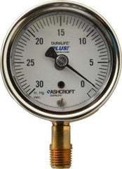 Ashcroft - 2-1/2" Dial, 1/4 Thread, 30-0 Scale Range, Pressure Gauge - Lower Connection Mount, Accurate to 1% of Scale - Exact Industrial Supply