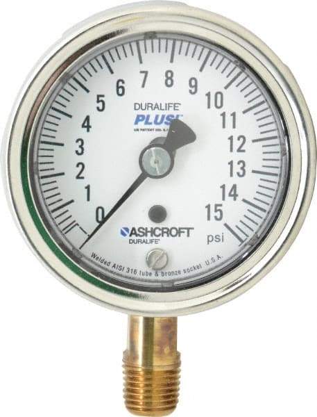 Ashcroft - 2-1/2" Dial, 1/4 Thread, 0-15 Scale Range, Pressure Gauge - Lower Connection Mount, Accurate to 1% of Scale - Exact Industrial Supply