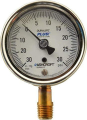 Ashcroft - 2-1/2" Dial, 1/4 Thread, 30-0-30 Scale Range, Pressure Gauge - Lower Connection Mount, Accurate to 1% of Scale - Exact Industrial Supply
