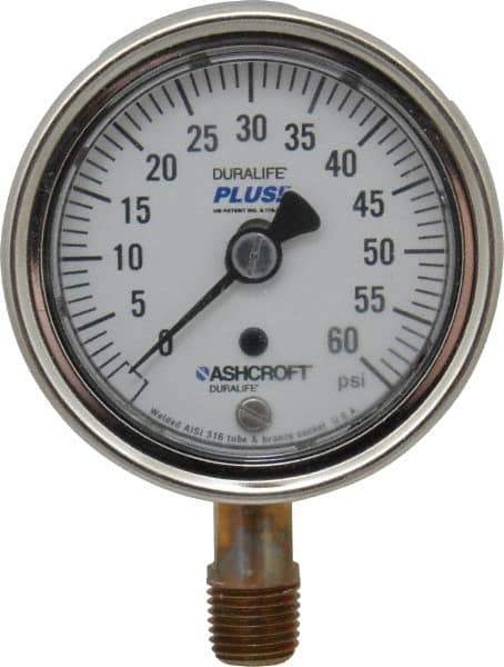 Ashcroft - 2-1/2" Dial, 1/4 Thread, 0-60 Scale Range, Pressure Gauge - Lower Connection Mount, Accurate to 1% of Scale - Exact Industrial Supply