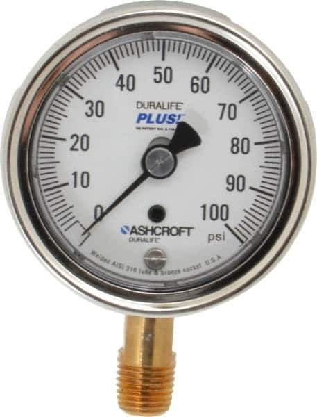 Ashcroft - 2-1/2" Dial, 1/4 Thread, 0-100 Scale Range, Pressure Gauge - Lower Connection Mount, Accurate to 1% of Scale - Exact Industrial Supply